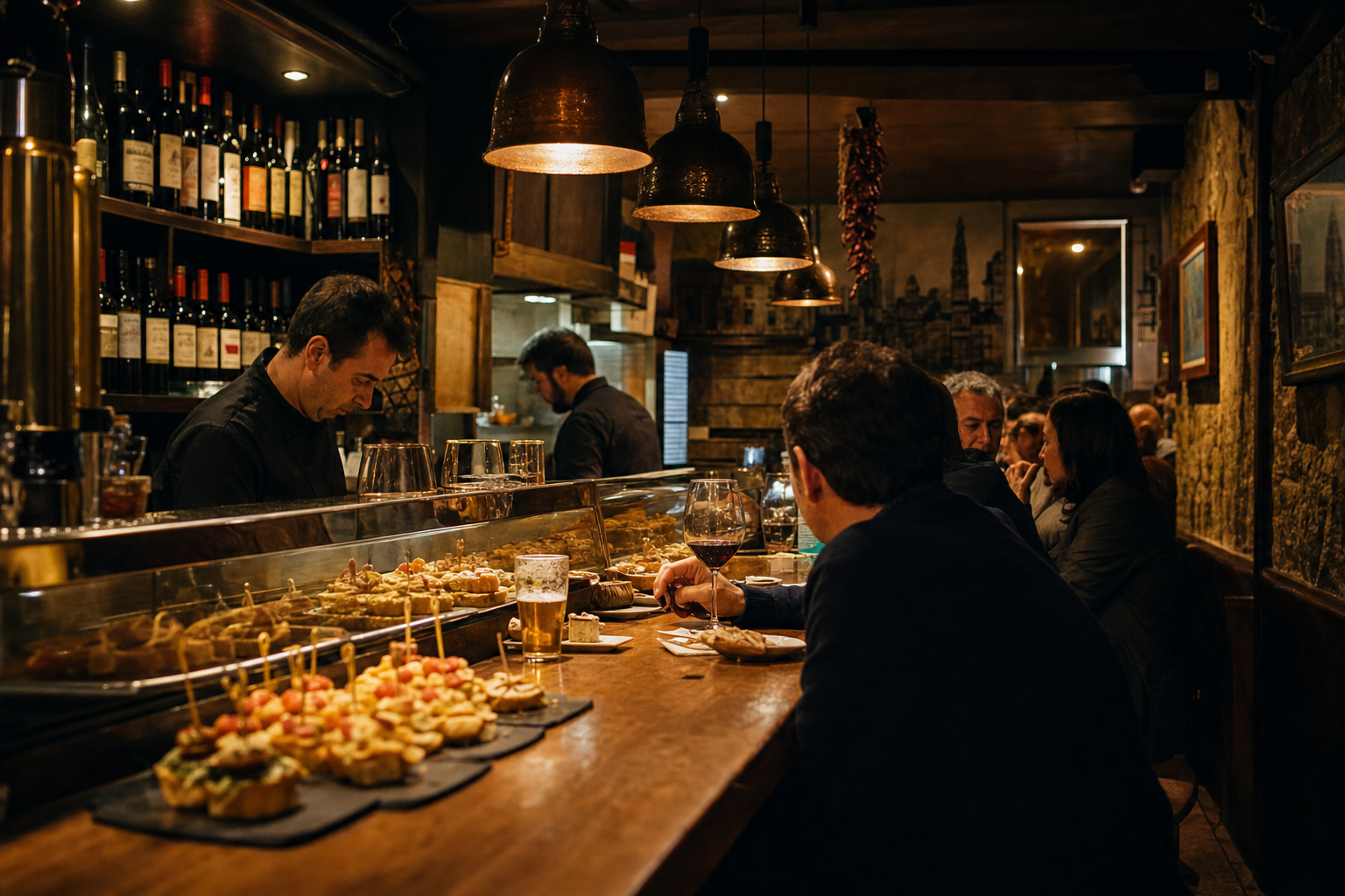 Vista nocturna del interior de Bilbao Tapas con clientes en la barra