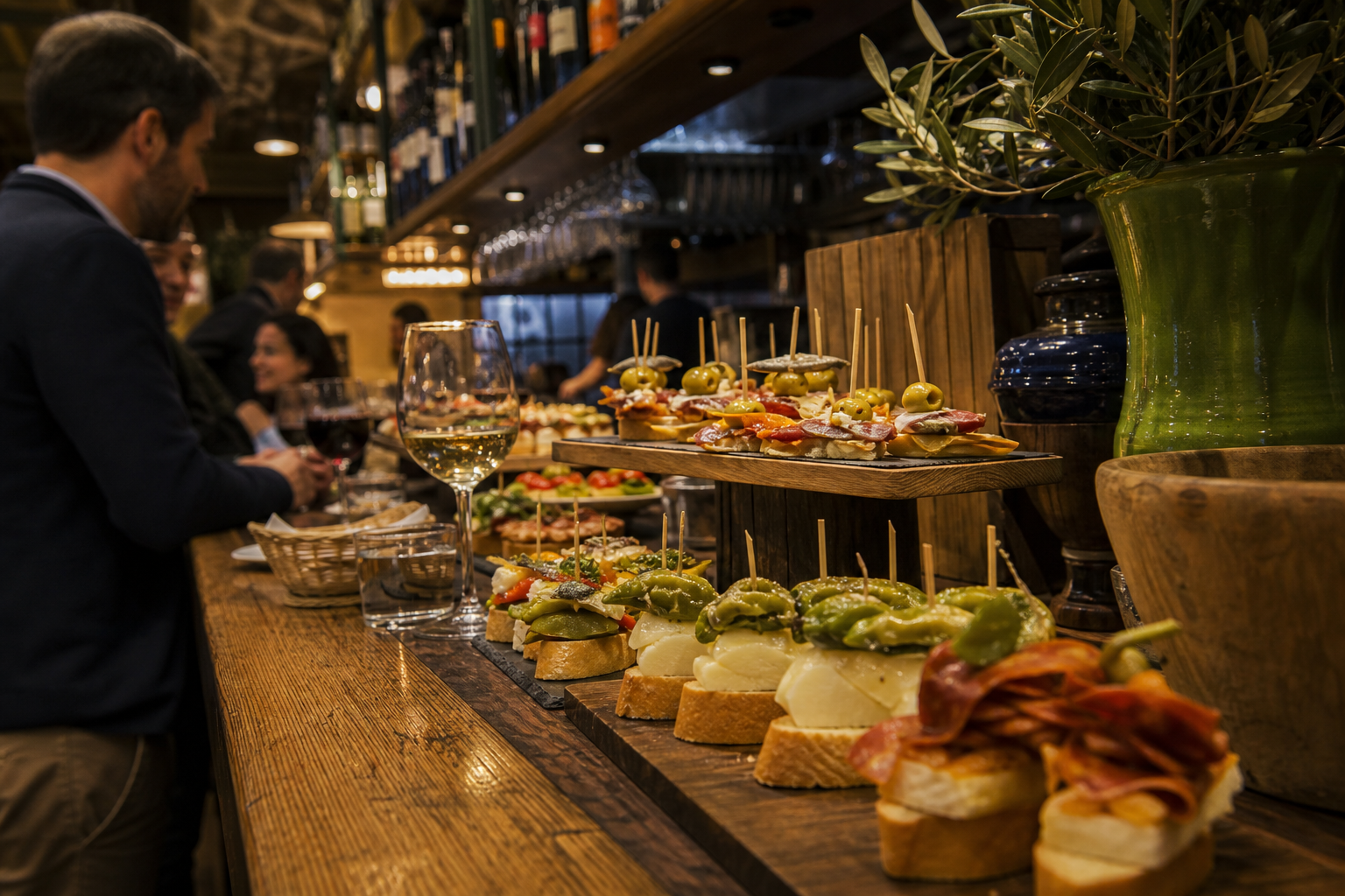 Barra de pintxos en Bilbao Tapas con txakoli y pinchos variados