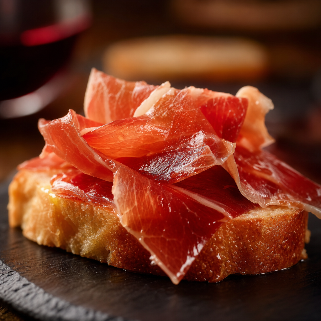 Pincho de jamón ibérico sobre pan con aceite de oliva